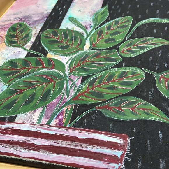 Original Framed Painting of Prayer Plant, Boho Nature Art Christmas  Gift - Picture 3 of 10